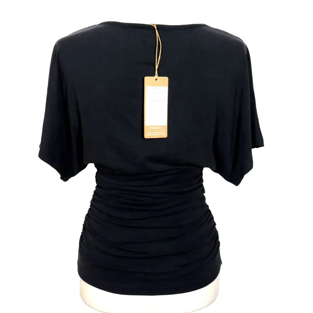 OGL Sandwashed Effortless Boatneck Batwing Sleeve Side Ruched Top Black Size XL - Picture 4 of 9